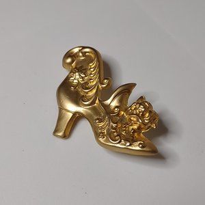 Gold Tone Metal High Heel Shoe Brooch